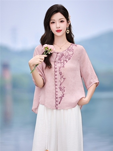 时尚洋气刺绣苎麻套装女2026夏季新款宽松遮肉显瘦阔腿裤两件套图片