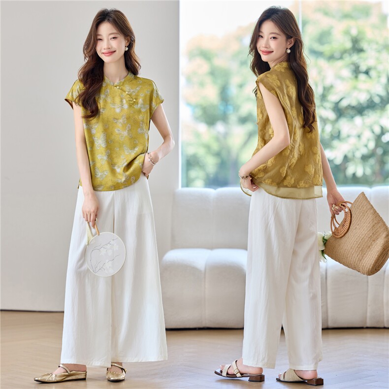 新中式套装女2026夏季新款时尚复古印花盘扣上衣阔腿裤两件套，女装套装/套裙，简韵佳
