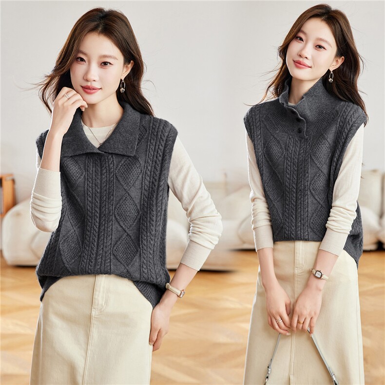 2025新款秋冬季韩系宽松超好看的高领无袖毛衣背心马甲上衣女外套，女装羊毛衫，艾米