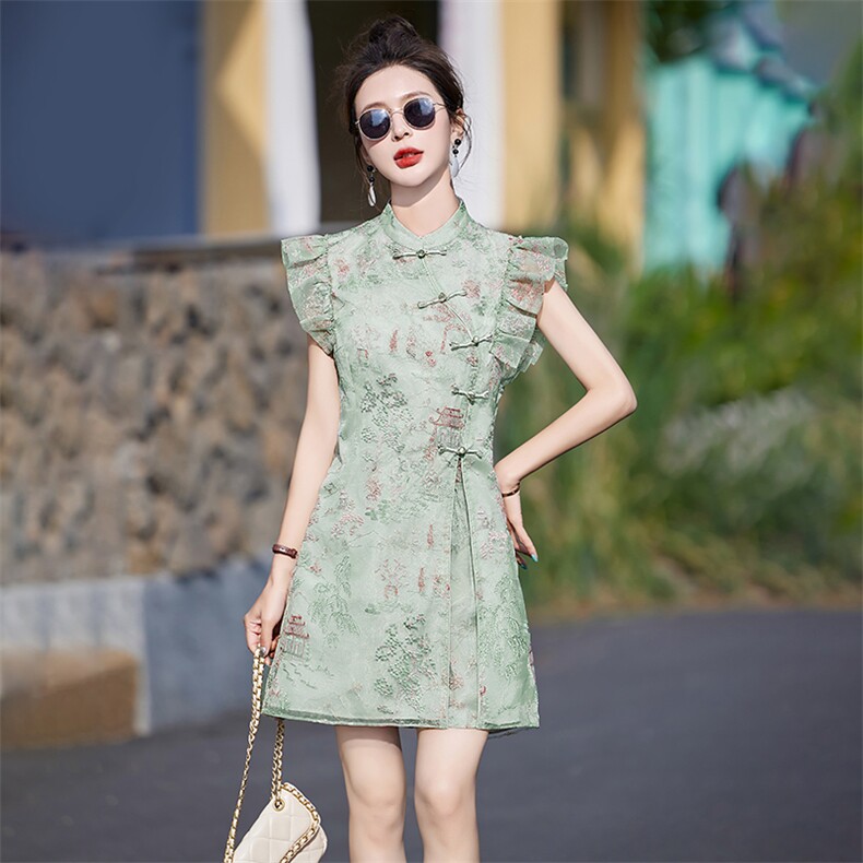 新中式国风套装女2025新款夏季小个子旗袍连衣短裤裙欧根纱两件套,女装套装/套裙,布芭啦