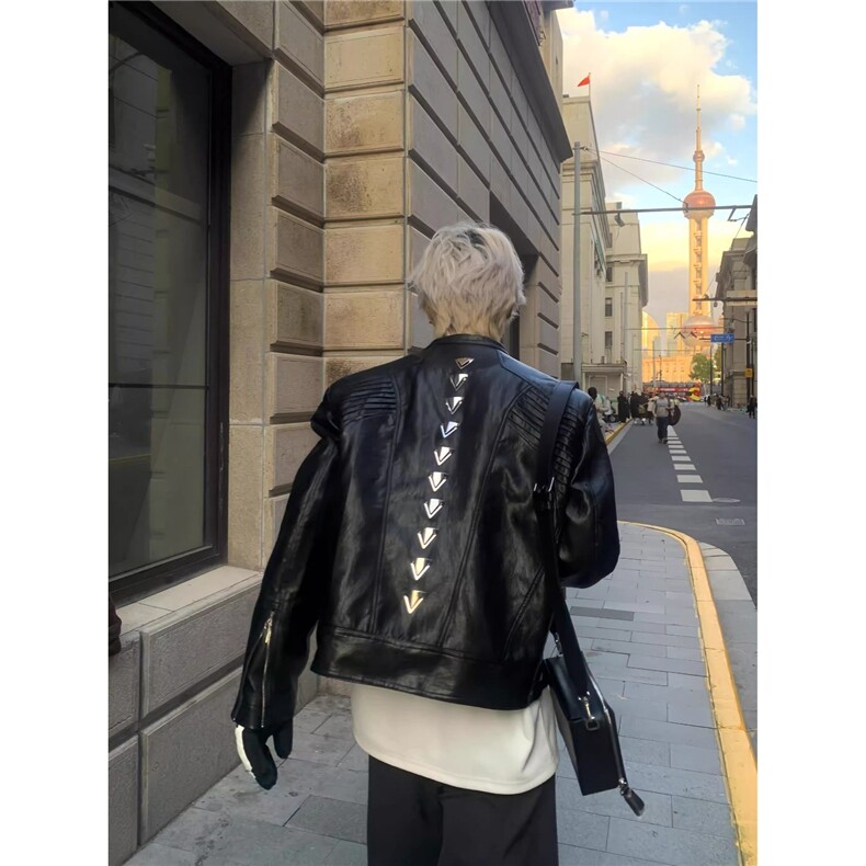 网图春龙骨金属脊背褶皱解构短款皮衣立领外套A025-QY11001-P108，男装皮衣，电商A025