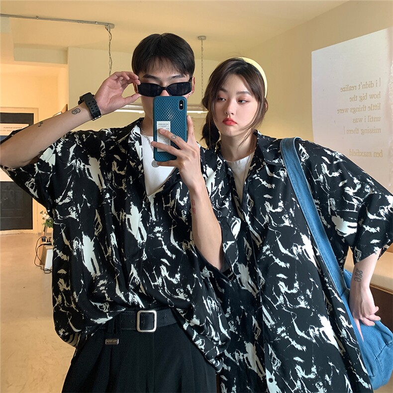 美式暗黑高街夏季冰丝扎染情侣装短袖衬衫男夏装衬衣港风潮流图片