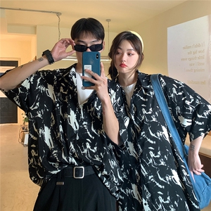 美式暗黑高街夏季冰丝扎染情侣装短袖衬衫男夏装衬衣港风潮流图片