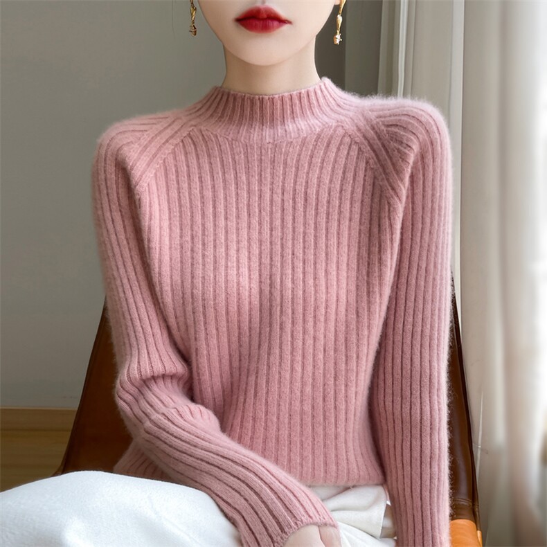 25秋冬100%纯羊毛衫女一线成衣坑条半高领加厚毛衣宽松羊绒衫上衣图片