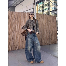 美式复古宽松水洗弯刀牛仔裤男女阔腿高街cleanfit长裤WLN400-P55，男装牛仔裤，星座1008