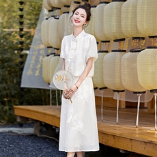 中式连衣裙女2024夏季新款复古盘扣时尚刺绣改良旗袍套装裙两件套，女装连衣裙，拾衣