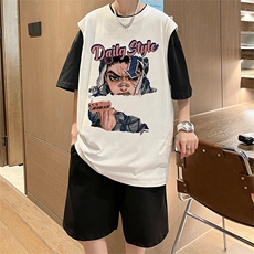 直播品质美式宽松纯棉背心无袖t恤短裤大码两件套套装TZ13-P58，男装T恤，电商A486