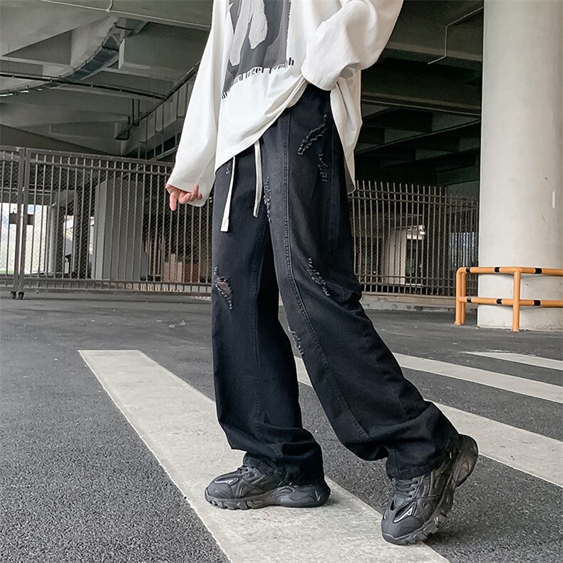 牛仔裤男春秋季美式高街水洗破洞潮牌宽松直筒休闲长裤N01068-P45,男装牛仔裤,星座308B-2