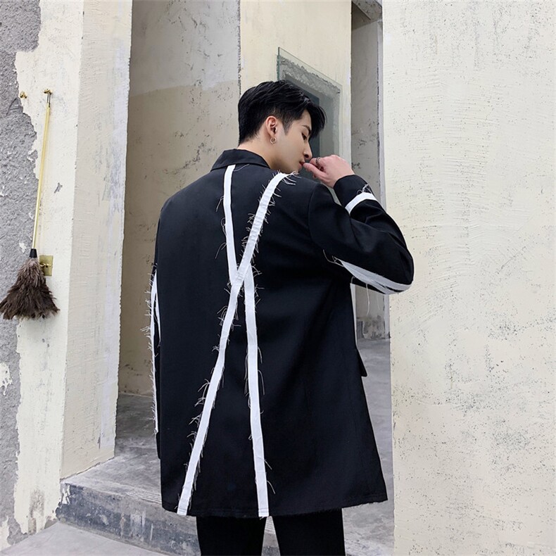 暗黑系简黑白男毛边拼接西装西服复古韩风外套A452--1950,男装西服,电商A452
