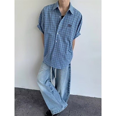 CP1229-P39格子短袖衬衫男2025夏季新款薄款青少年宽松半袖衬衣，男装T恤，电商B323A