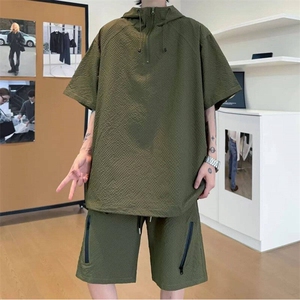 网图慎用 连帽泡泡纱防晒套装新款短袖百搭宽松T恤套装TZ558 P50图片