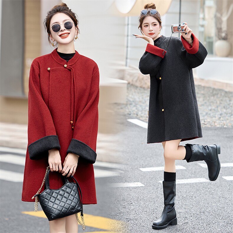 现货新中式双面羊毛大衣女中长款2025年新款盘扣斗篷羊毛呢子外套，女装双面呢大衣，仟媚宠