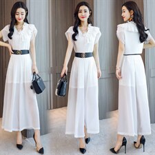 2022年夏季韩版时尚不规则花边拼接上衣+显高阔腿裤两件套，女装套装/套裙，火爆靓佳人