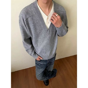 老钱风新贵V领假两件毛衣男款秋冬慵懒高级感cleanfit针织衫外套图片