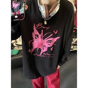 QY5229-TP25 控价38秋季圆领美式长袖T恤发泡蝴蝶大码套头上衣男图片