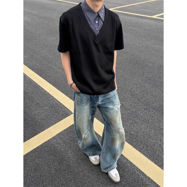 假两件拼接简约短袖男女格纹衬衫领T恤美式半袖T15-P50,男装T恤,星座208-5