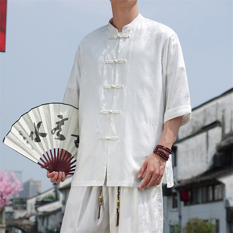 新中式七分袖衬衫男2025夏季新款大码盘扣上衣,男装衬衫,电商A008