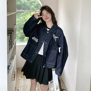 藏青色刺绣牛仔外套女春秋2025新款学院风小个子短款百搭翻领上衣图片
