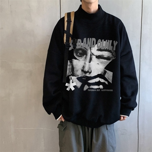男加绒加厚高领卫衣抽象印花落肩袖情侣款打底衫XZ514-2-G81-P48图片
