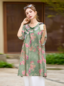 新中式国风印花棉麻套装女2025夏季新款时尚减龄休闲阔腿裤两件套图片