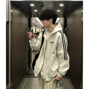 抖音得物 25秋冬重磅全棉三条杠织带连帽卫衣开衫外套AW7101图片