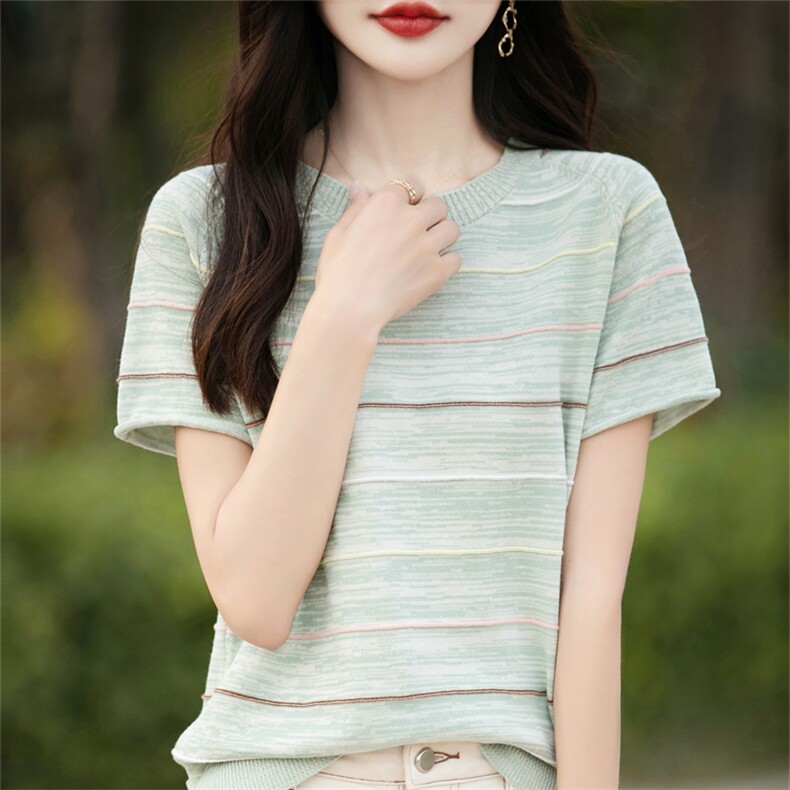 24夏款100%纯棉针织衫短袖女圆领条纹拼色上衣宽松半袖T恤打底衫图片
