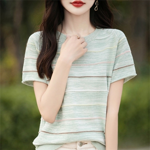 24夏款100%纯棉针织衫短袖女圆领条纹拼色上衣宽松半袖T恤打底衫图片