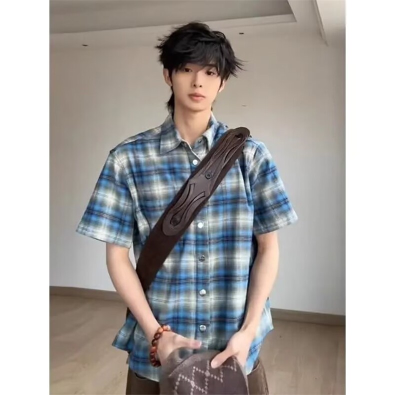 美式蓝色格子短袖衬衫男夏季新款格纹衬衣休闲风宽松翻领薄外套男,男装T恤,四季星座505