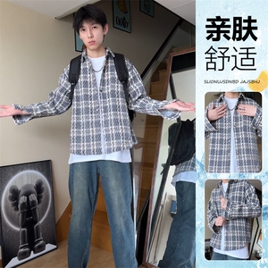 GENIOLAMODE春秋季男格子撞色翻领衬衫外套痞帅百搭宽松情侣休闲图片