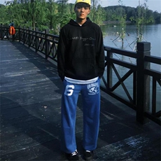 美式字母蓝色卫裤男女网红洋气宽松显瘦直筒阔腿休闲裤，男装休闲裤，四季星座505