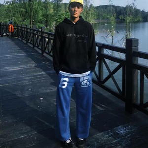 美式字母蓝色卫裤男女网红洋气宽松显瘦直筒阔腿休闲裤图片