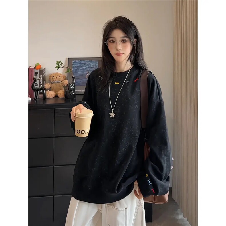WY47-P39百搭美式高街潮牌男女新款秋季套头扎染刺绣情侣款长袖,男装卫衣,电商B323A