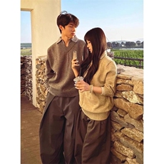 重磅北极绒假两件衬衫领毛衣美式高街复古休闲慵懒纯色翻领针织衫，男装针织衫/毛衣，电商A486