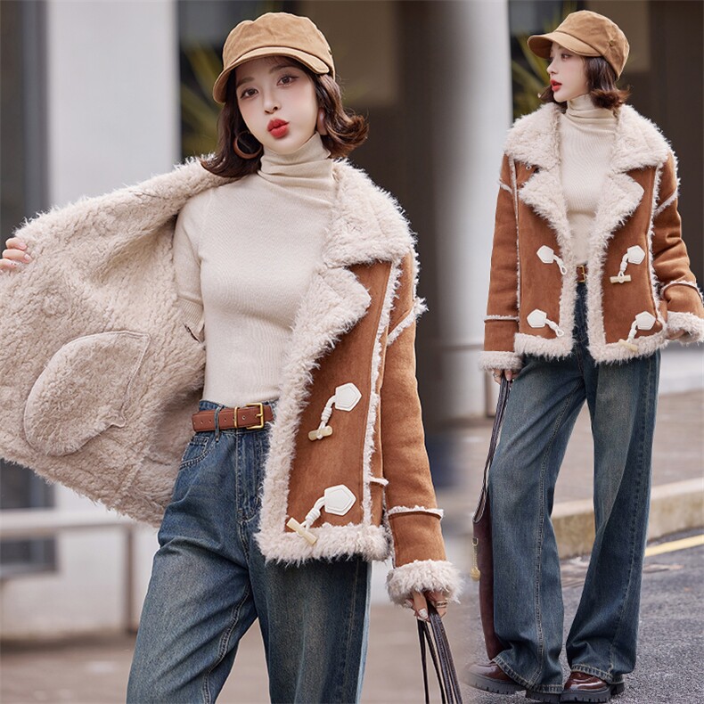 加绒皮毛一体羊羔毛外套女2024冬季新款小个子加厚保暖麂皮绒棉服，女装短外套，慧尚依恋