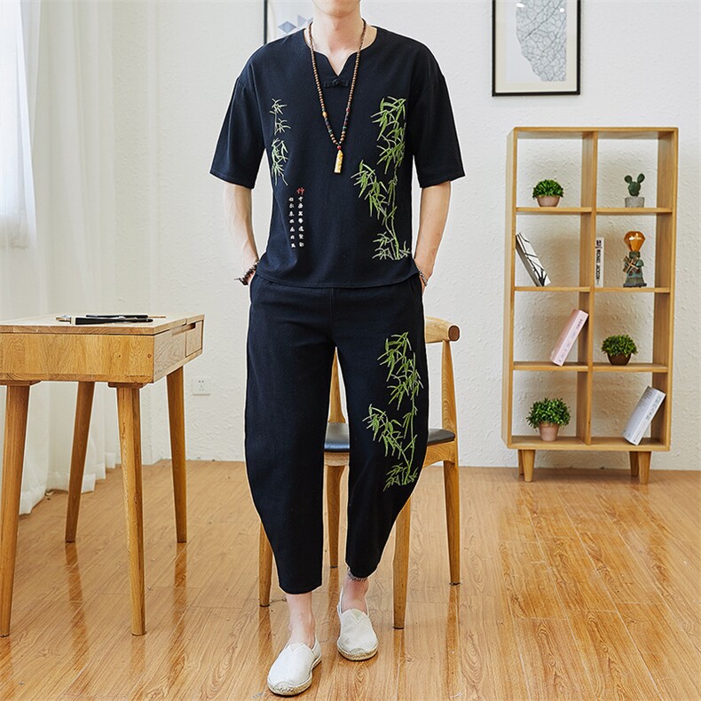 风男士短袖民族风禅修居士服中式绣花汉服唐装两件套TZ96,男装T恤,星座509