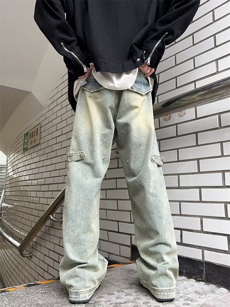 泥黄色工装牛仔裤男春秋季美式高街阔腿裤设计D8101P52,男装牛仔裤,星座1116-2