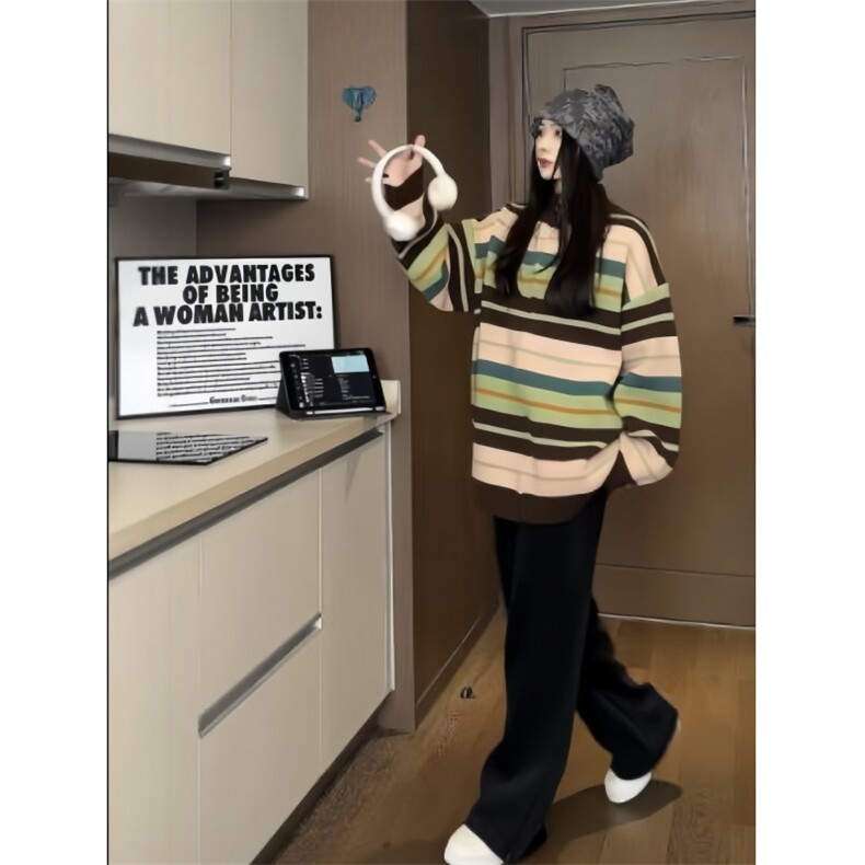 美式复古彩虹撞色针织衫青春情侣潮牌宽松外套毛衣XZ301AM01P78,男装针织衫/毛衣,星座301A