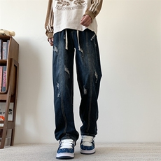 S-3XL夏季薄款冰丝裤直筒宽松破洞牛仔裤310A-2BK312p55控78，男装牛仔裤，星座310A-2