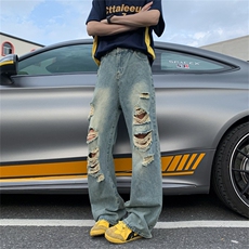 烟灰色水洗破洞牛仔裤男夏季薄款宽松直筒裤美式废土风潮流休闲裤，男装牛仔裤，星座506A