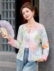 短款刺绣花朵防晒衣休闲炸街新中式盘扣薄外套圆领独特漂亮防晒衣，女装防晒衣，韩美纤衣