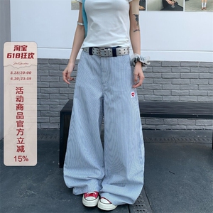 美式原创刺绣复古休闲竖条纹休闲裤男女直筒宽松长裤N1252