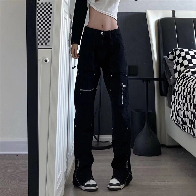 美式高街vibe机能侧边拉链工装牛仔裤直筒微喇叭裤男潮流百搭图片
