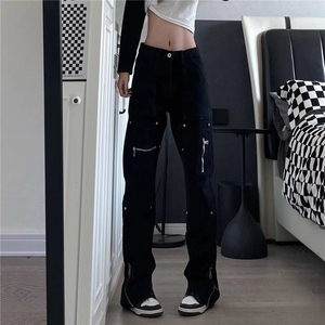 美式高街vibe机能侧边拉链工装牛仔裤直筒微喇叭裤男潮流百搭图片