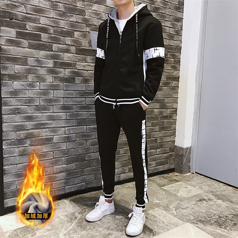 冬季加绒连帽潮流开衫青少年休闲运动卫衣套装男G05P95,男装休闲套装,电商A086
