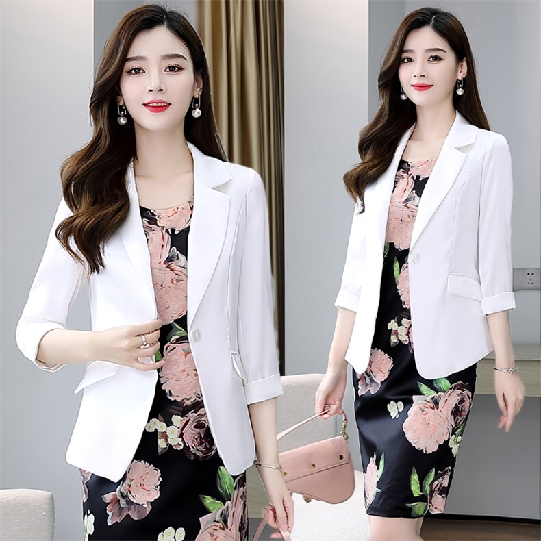 高档大码女薄款西装吊带裙胖MM韩版显瘦七分袖西服防晒衫外套，女装西装，时尚俏佳人