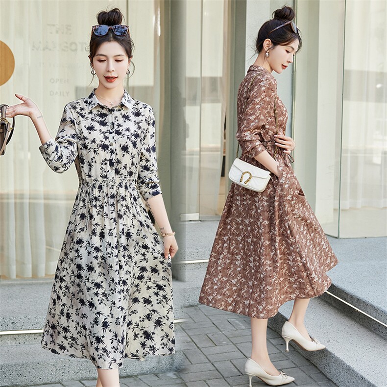 法式复古碎花棉麻连衣裙女2024春秋新款气质收腰中长款印花衬衫裙,女装连衣裙,鑫思依格