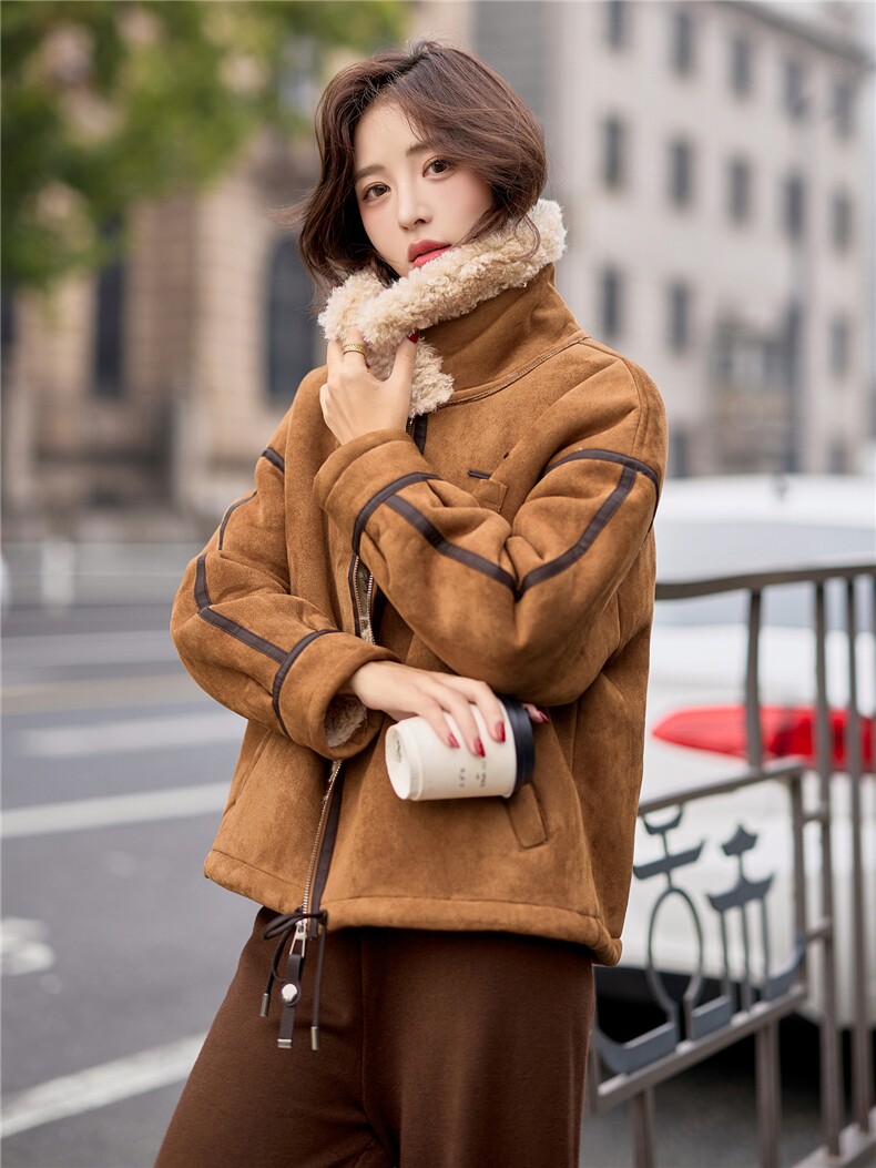 9109时尚麂皮绒皮毛一体外套,女装羊羔毛/颗粒绒,依路服饰