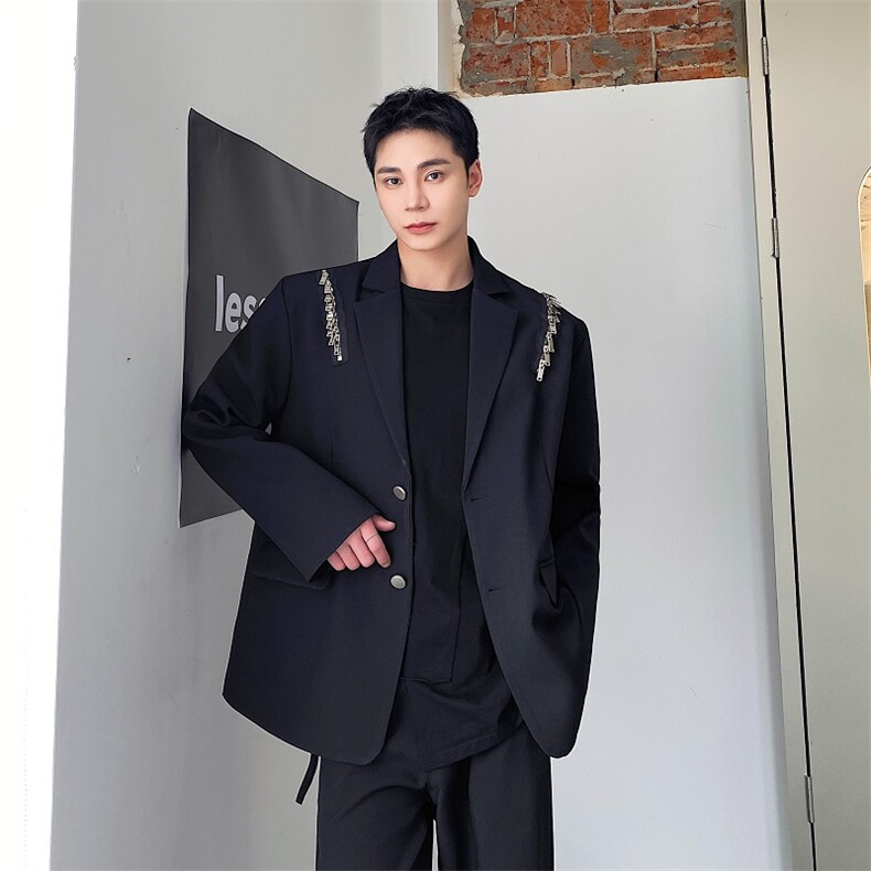 金属拉链西服男设计感小众宽松垂感免烫痞帅垫肩西装280-P140，男装西服套装，电商A345