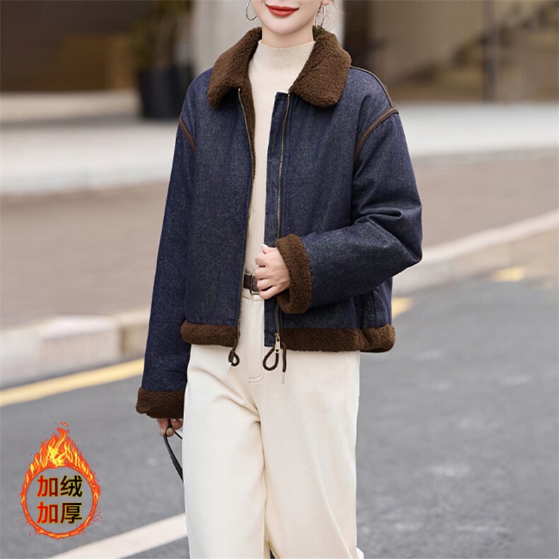 时尚拼接翻领加绒牛仔短外套女2024冬季新款小个子休闲羊羔毛棉服,女装羊羔毛/颗粒绒,美拉德工厂直营店