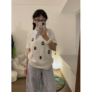 T581-P25 白色纯棉小众字母印花纯棉短袖  男女款学院风简约上衣图片
